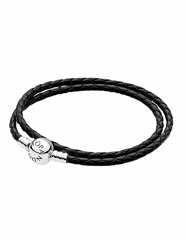 Doppeltes Pandora-Armband, schwarzes Leder mit Silberverschluss