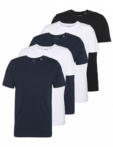 Jack & Jones Herren T-Shirt, 5er-Pack, 2 x weiss + 2 x blau + schwarz