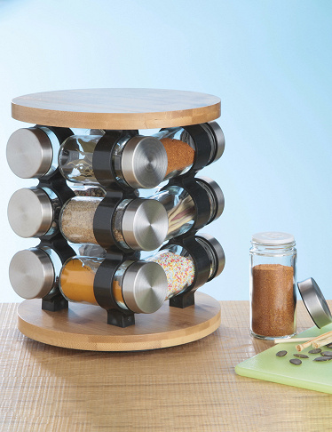 Gewürzturm, Set mit 12 Behältern, aus Glas und Bambus