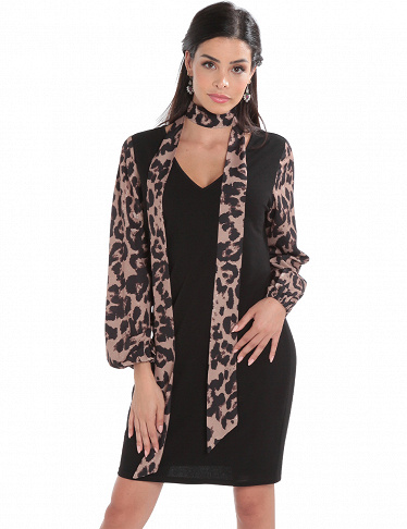 Kleid mit Bindegürtel, schwarz/leopard