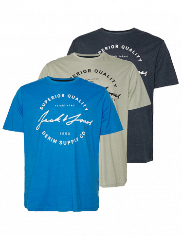 JACK & JONES T-Shirts, 3er-Pack, kaki + blau + grau