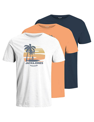 JACK&JONES T-Shirts für Herren, 3er-Pack, weiss + orange + marine