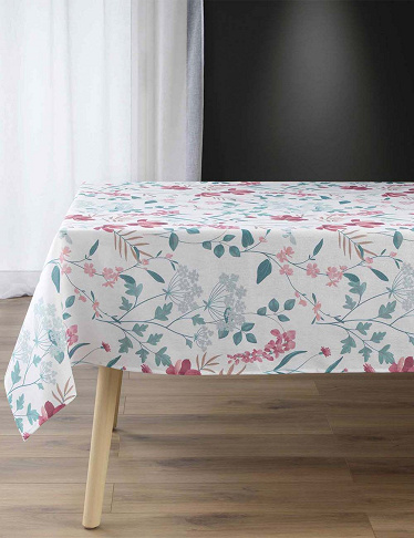 Tischtuch «Florantine», 140 x 240 cm, weiss, mit grünem/rosa Muster