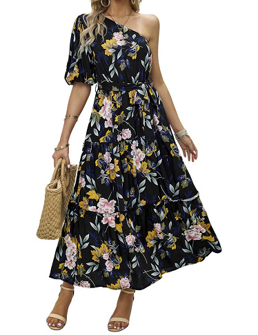 Langes Kleid «Adriana», mit Blumenmuster, schwarz