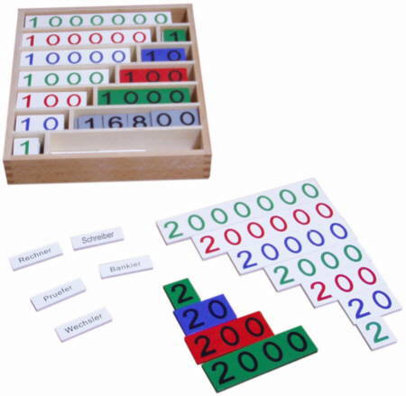Montessori-Material Bankspiel zum Rechnen mit großen Zahlen lernen