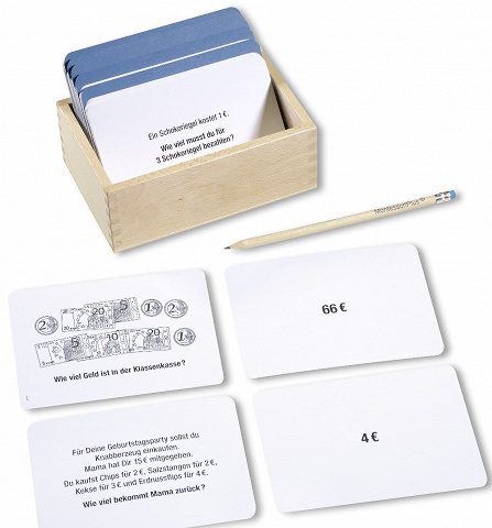 Montessori-Material Arbeitskartei mit Aufgaben zum Rechnen mit Geld