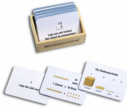 Montessori-Material Arbeitskartei mit Aufgaben zum goldenen Perlenmateral