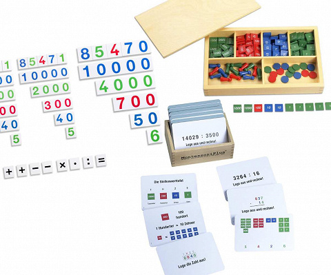 Montessori-Material Markenspiel mit Aufgabenkarten un Zahlentafeln