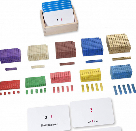 Montessori-Material Würfelmaterial zur Multiplikation mit Aufgabenkarten