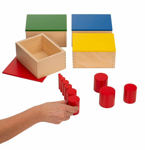 Montessori Sensorial Materials   Farbige Zylinder mit Steuerkarten und 