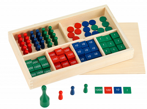 Montessori-Material Markenspiel mit 100 Aufgabenkarten 