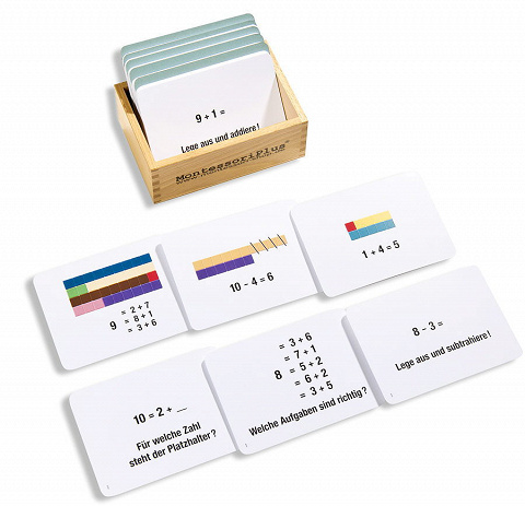 Montessori Auftgabenkartei zu den Rechenstäbchen in Montessori-Farben