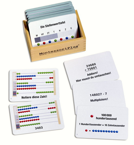 Augabenkarten zum großen Montessori-Rechenrahmen.