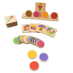 Montessori Farben Sortierspiel aus Holz mit Setzleiste, Bildtafeln und