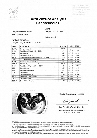 CBD-Blüten Typ “Remedy" mit ca. 5,4% CBD-Gehalt und <0,2% THC-Gehalt